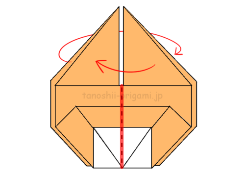 14.真ん中の赤線のところで折り、表に出ていない面を出す
