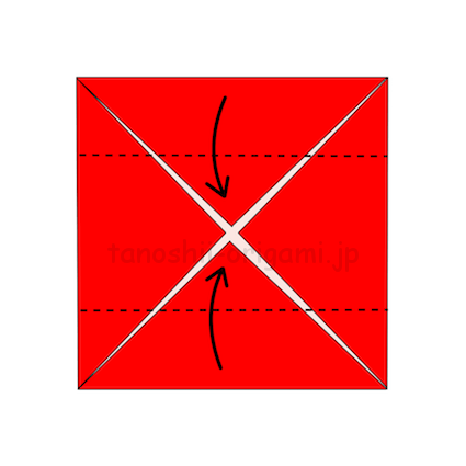 1.折り紙の角を中心に合わせて折り、上下から真ん中に合わせて折る