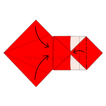 12.右の角を裏側に折ってから手前に折り返す。左側は上下の角を半分に合わせて折る