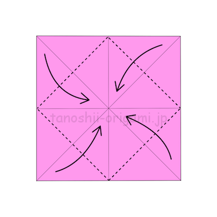 3.折り紙の4つの角を真ん中に合わせて折る (2)