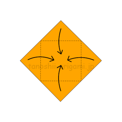 2.裏返して4つの角を真ん中にあわせて折る。