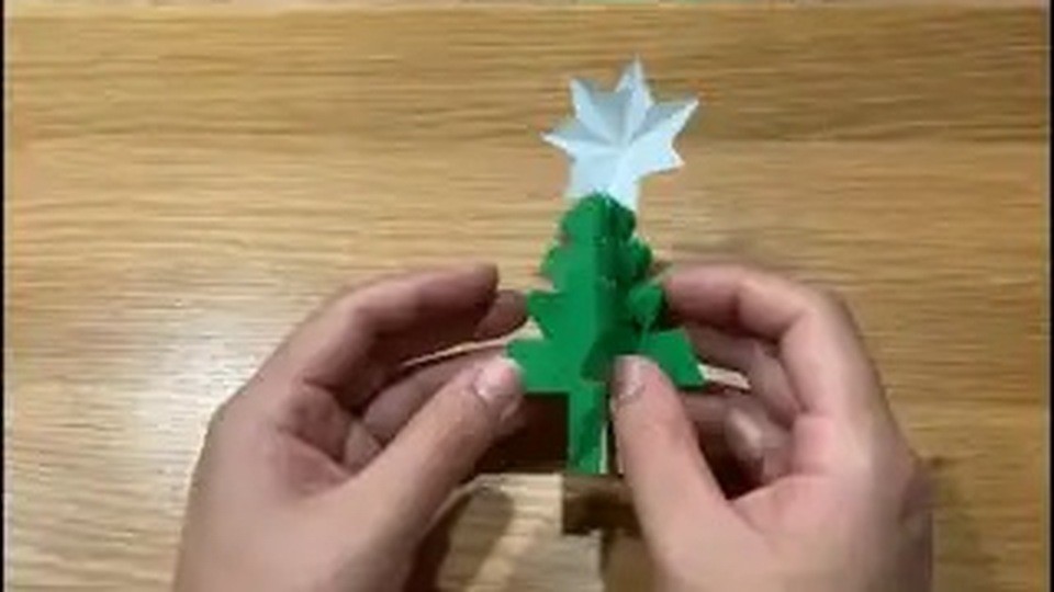 緑のツリーのてっぺんに白い星をのせたところ